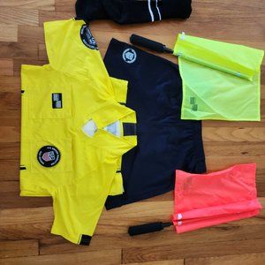 Soccer Yellow Referee gear Lot Jersey Shirt, Shorts, Socks, Flags, Cards Sz S